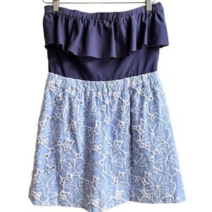 LILLY PULITZER Athens Mini Dress Linen Cotton Blue Eyelet Strapless Coastal M